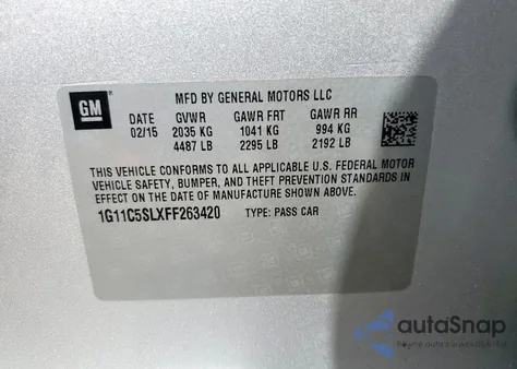 2015 Chevrolet Malibu 1Lt from USA, damaged, VIN 1G11C5SLXFF263420